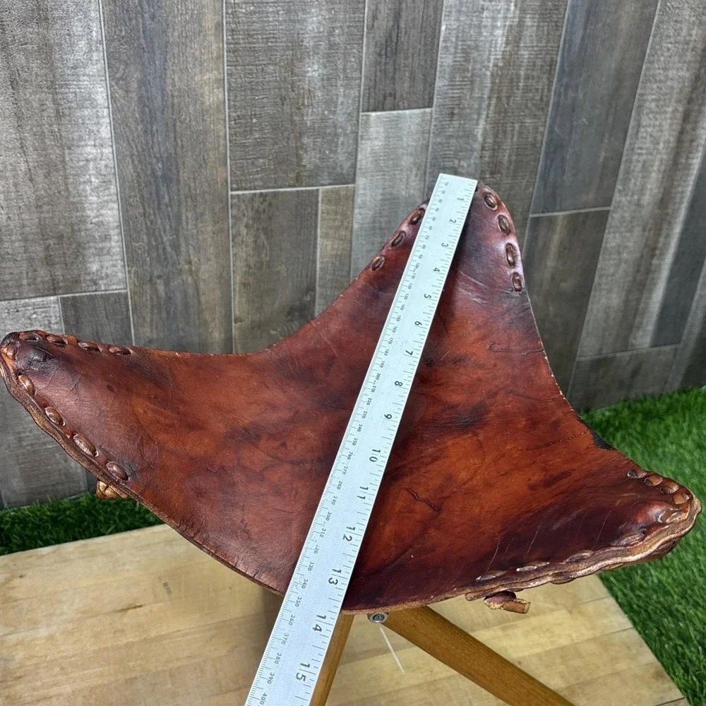 Vintage 1950s Teak Leather Folding Tripod Footstool Ottoman Safari Decor